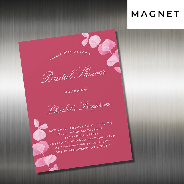Magenta white eucalyptus luxury bridal shower magnetic invitation (Creator Uploaded)