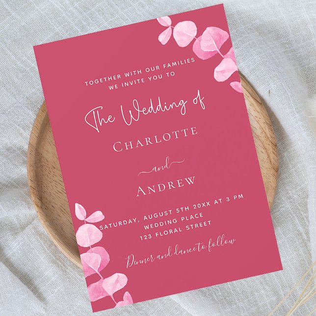 Magenta white eucalyptus wedding invitation (Creator Uploaded)