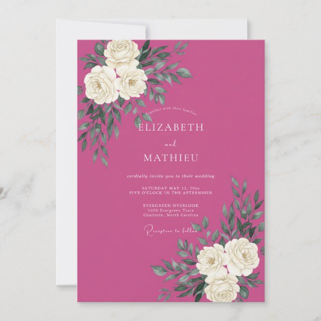 Magenta White Ranunculus Eucalyptus Wedding Invitation (Front)