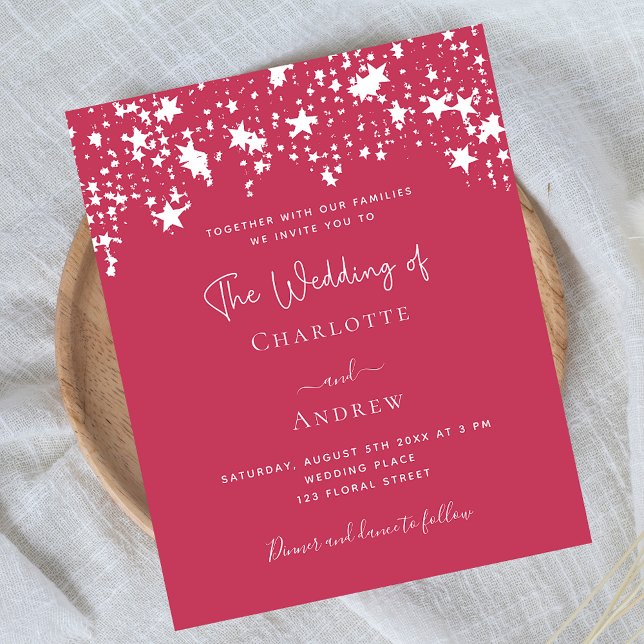 Magenta white stars budget wedding invitation (Creator Uploaded)