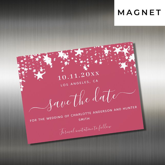Magenta white stars wedding save the date card (Creator Uploaded)