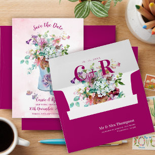 Magenta Wildflower Floral Monogram Custom Wedding Envelope