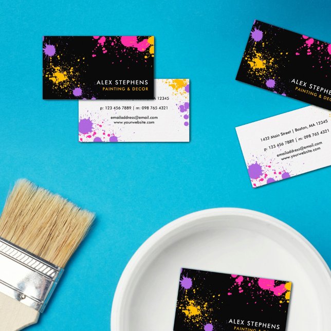 Magenta Yellow Purple Black Paint Splatter Business Card (Creator Uploaded)