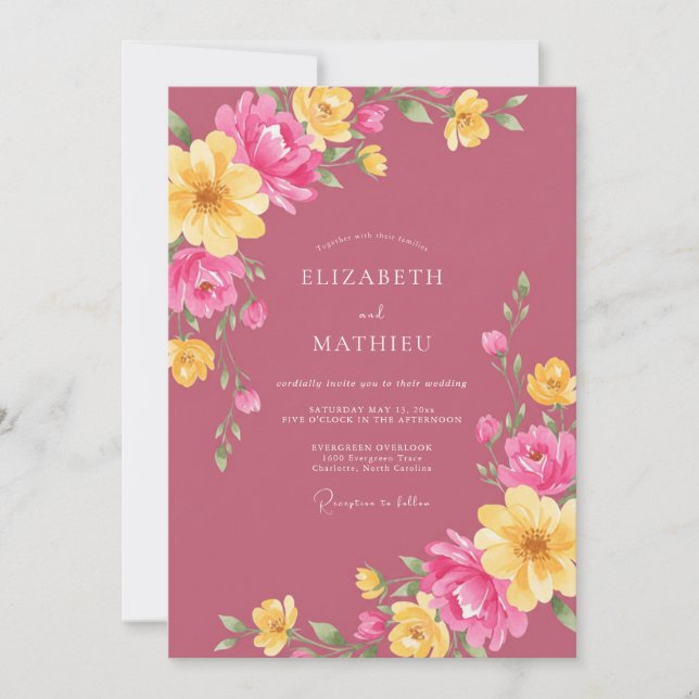 Magenta Yellow Ranunculus Eucalyptus Wedding Invitation (Front)