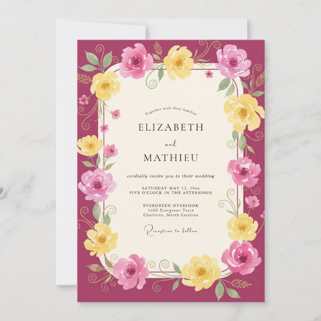 Magenta Yellow Ranunculus Muted Eucalyptus Wedding Invitation (Front)