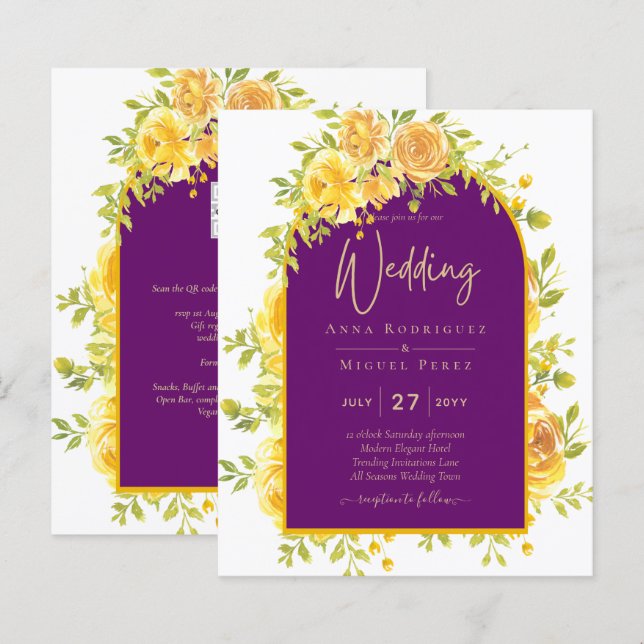Magenta Yellow Roses Plum Purple Gold Wedding  (Front/Back)