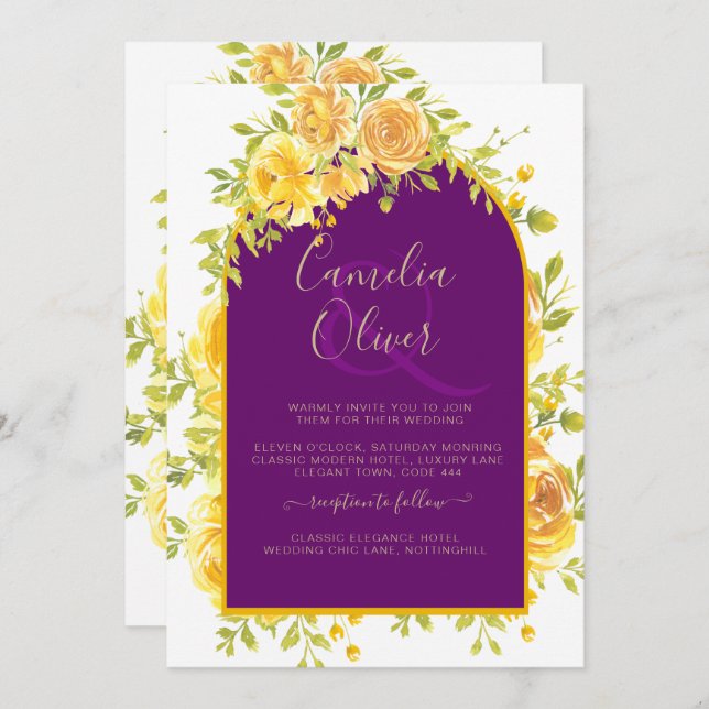Magenta Yellow Roses Plum Purple Gold Wedding  Invitation (Front/Back)