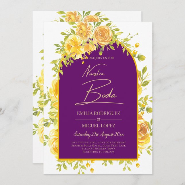 Magenta Yellow Roses Plum Purple Gold Wedding  Invitation (Front/Back)