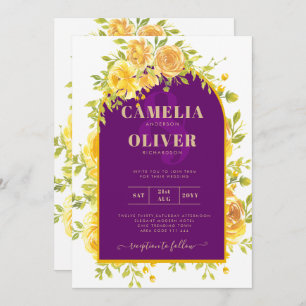 Magenta Yellow Roses Plum Purple Gold Wedding  Invitation
