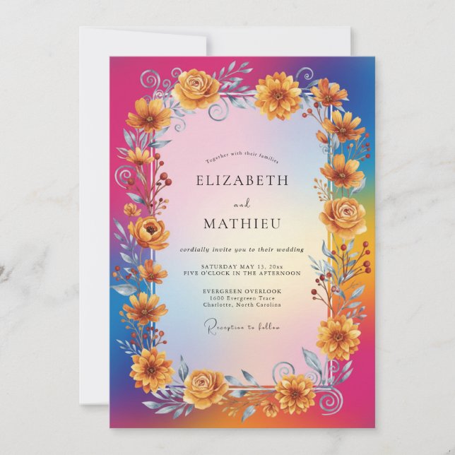 Magenta Yellow Sunflower Eucalyptus Wedding Invitation (Front)