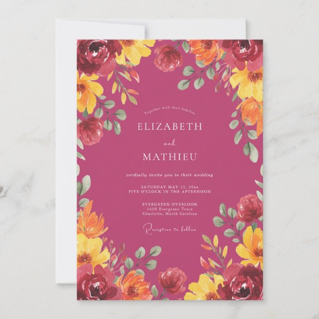 Magenta Yellow Wildflower Wedding Invitation (Front)