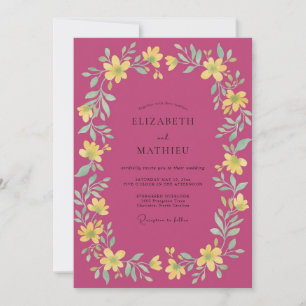 Magenta Yellow Wreath Wedding Invitation