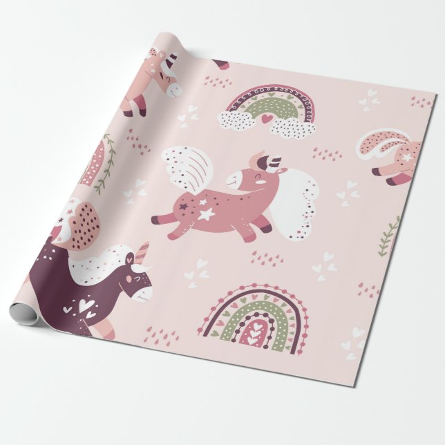 Magic background with little unicorns and rainbows wrapping paper (Unrolled)
