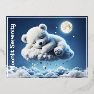 Magic bear dreamy night pastel blue art foil holiday postcard