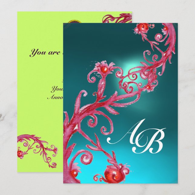 MAGIC BERRIES 3,MONOGRAM AQUAMARINE red blue Invitation (Front/Back)