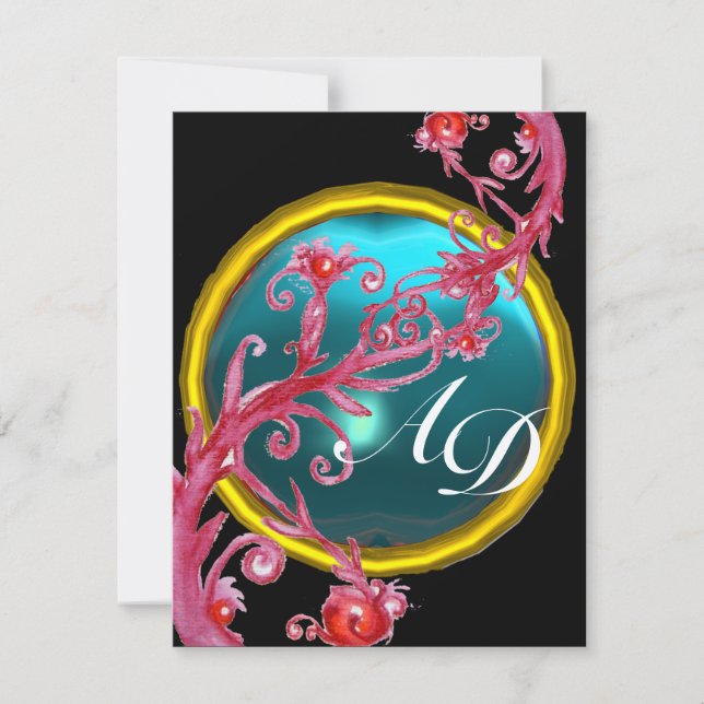 MAGIC BERRIES 4,MONOGRAM blue aquamarine gold Invitation (Front)