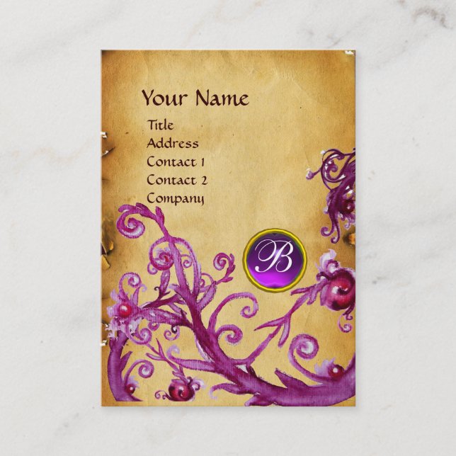 MAGIC BERRIES MONOGRAM GEM parchment purple Business Card (Front)
