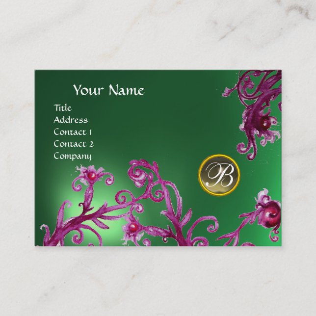 MAGIC BERRIES MONOGRAM, Grey Agate jade green Business Card (Front)