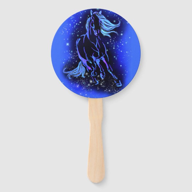 Magic Blue Horse Running At Moonlight Starry Night Hand Fan (Front)