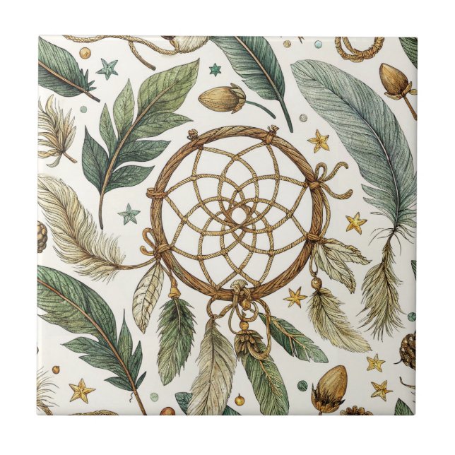 Magic Boho Dreamcatcher Feathers Pinecone Pattern Tile (Front)