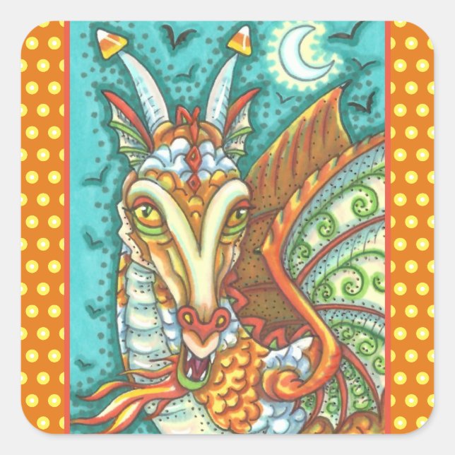 MAGIC CANDY CORN DRAGON, HALLOWEEN FANTASY SQUARE STICKER (Front)