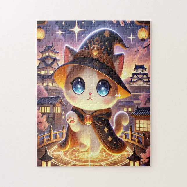 Magic Cat & Japanese Castle | Fantasy Puzzle (Vertical)