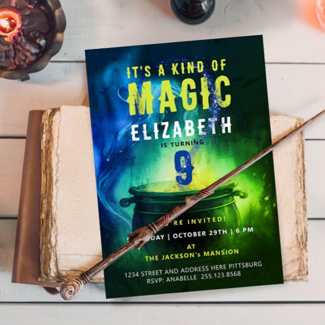 Magic Cauldron Green Blue Witch Wizard Spell Bday Invitation (Creator Uploaded)