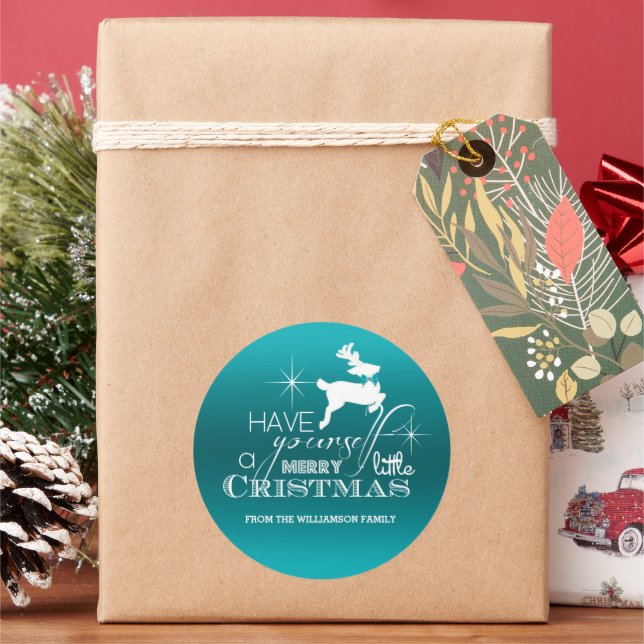 Magic Christmas Reindeer (blue) Personalised Classic Round Sticker (Holiday)