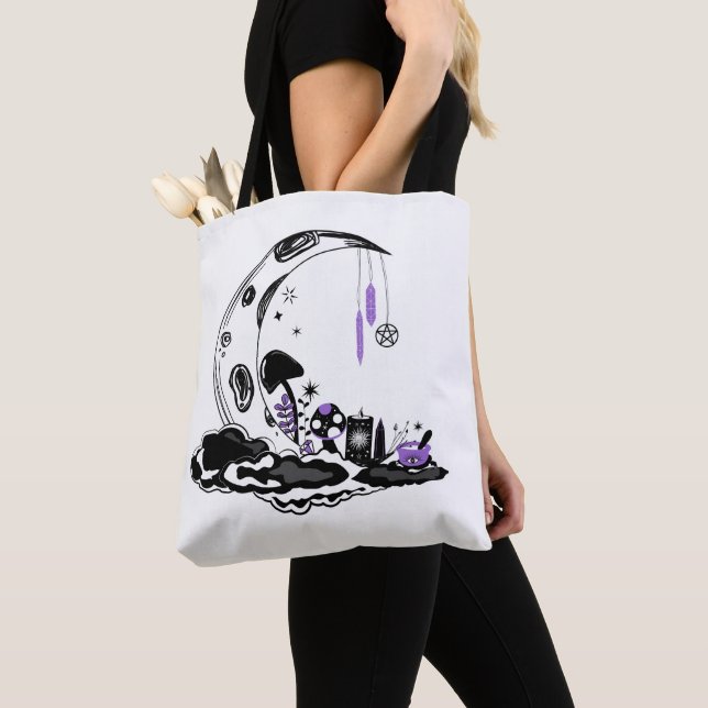 Magic Crystal Mushroom Moon Garden Tote Bag (Close Up)