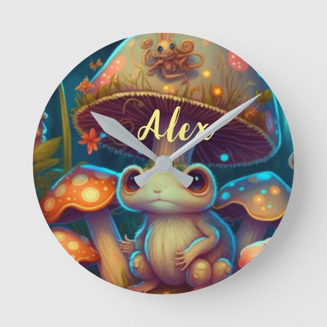 Magic cute frog mushroom round clock (Front)