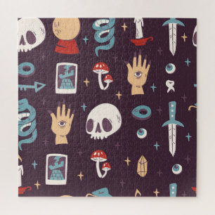 Magic elements: skull, tarot seamless jigsaw puzzle