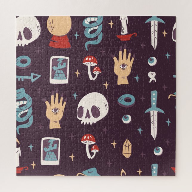 Magic elements: skull, tarot seamless jigsaw puzzle (Vertical)