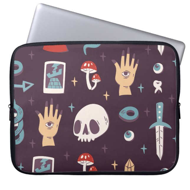 Magic elements: skull, tarot seamless laptop sleeve (Front)