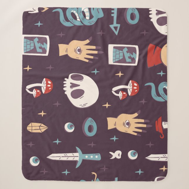 Magic elements: skull, tarot seamless sherpa blanket (Front)