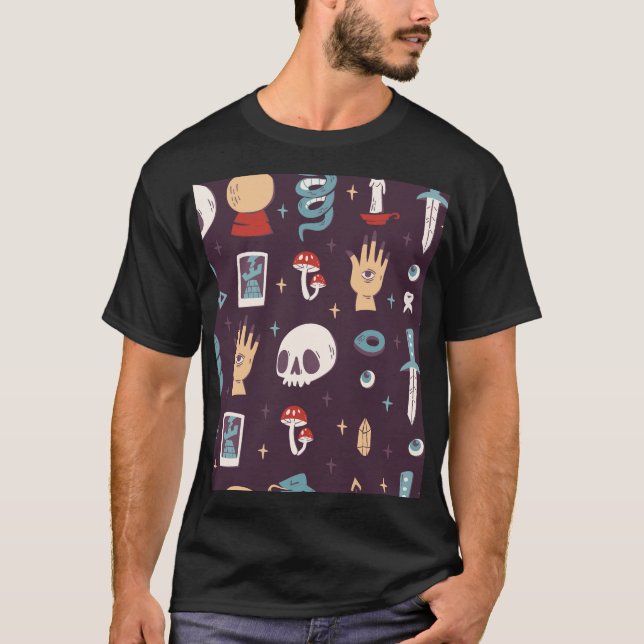 Magic elements: skull, tarot seamless T-Shirt (Front)