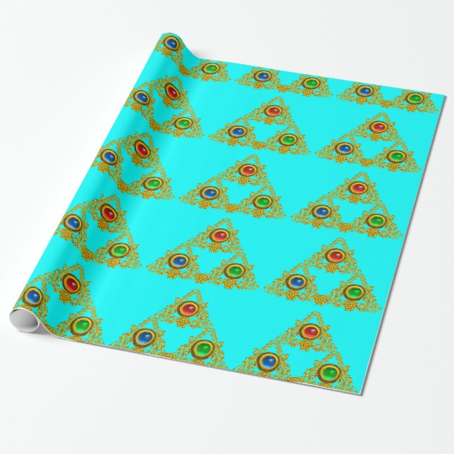 MAGIC ELFIC TALISMAN,BLUE GOLD TRIANGLE,GEMSTONES WRAPPING PAPER (Unrolled)