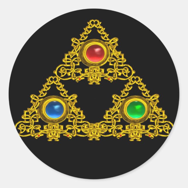 MAGIC ELFIC TALISMAN /GOLD TRIANGLE WITH GEMSTONES CLASSIC ROUND STICKER (Front)