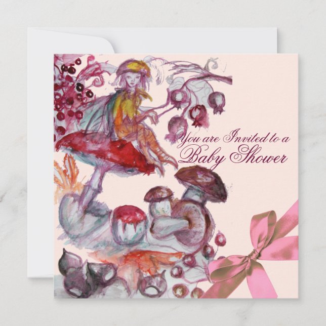 MAGIC FOLLET,MUSHROOMS ,PINK BOW BABY GIRL SHOWER INVITATION (Front)