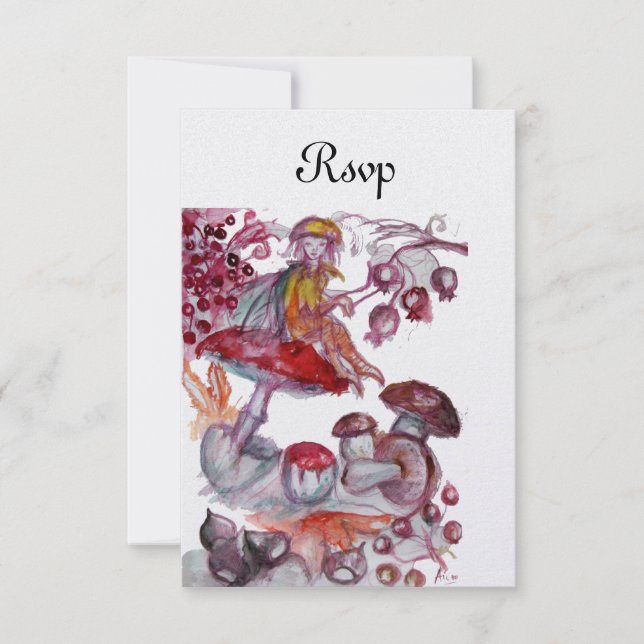 MAGIC FOLLET OF MUSHROOMS Red White Fantasy RSVP Invitation (Front)
