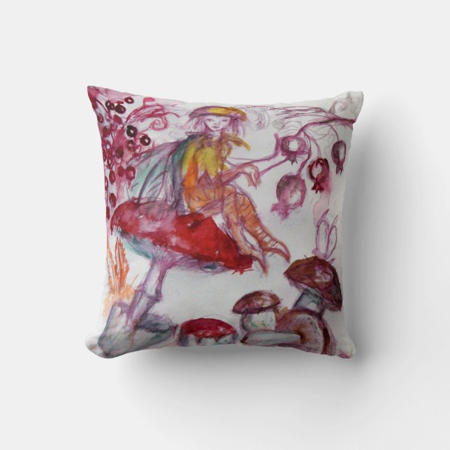 MAGIC FOLLET OF MUSHROOMS Red White Floral Fantasy Cushion (Front)