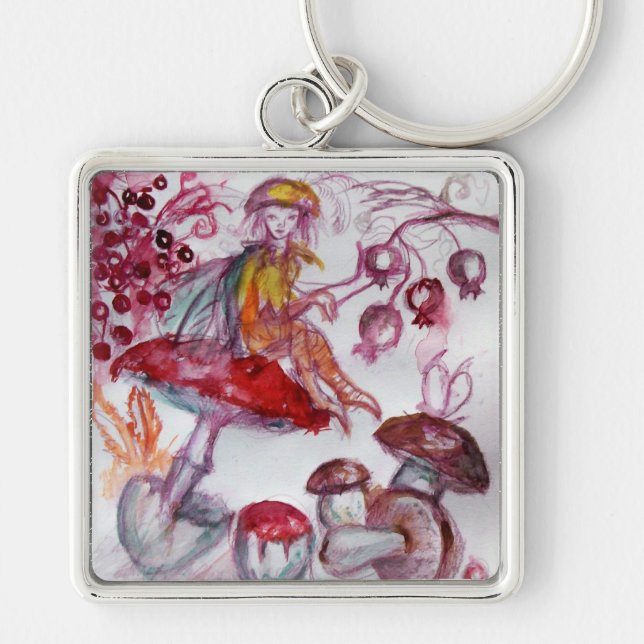 MAGIC FOLLET OF MUSHROOMS Red White Floral Fantasy Key Ring (Front)