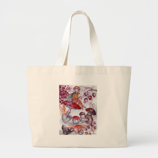 MAGIC FOLLET OF MUSHROOMS Red White Floral Fantasy Large Tote Bag (Front)