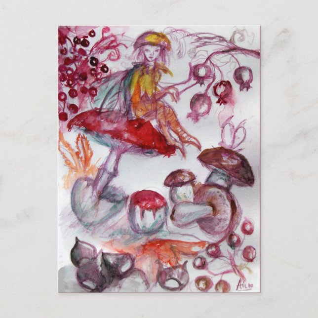 MAGIC FOLLET OF MUSHROOMS Red White Floral Fantasy Postcard (Front)