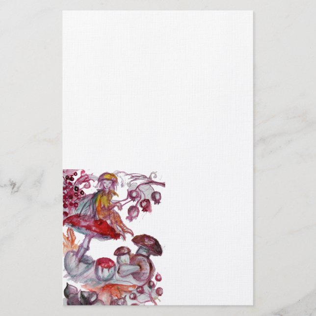 MAGIC FOLLET OF MUSHROOMS Red White Floral Fantasy Stationery (Front)