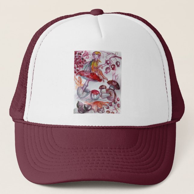 MAGIC FOLLET OF MUSHROOMS Red White Floral Fantasy Trucker Hat (Front)