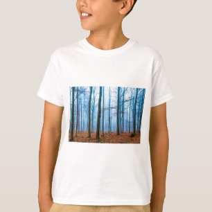 Magic forest in fog in blue and orange T-Shirt