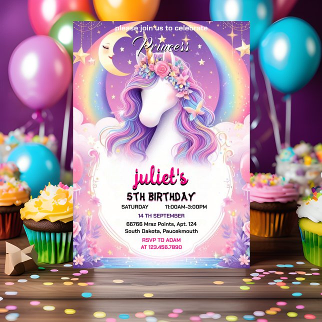 magic girly cute purple pink unicorn 1st birthday invitation (Creator Uploaded)