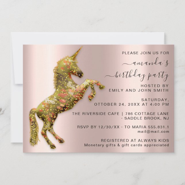Magic Gold  Mimetic Unicorn Horse Birthday Party Invitation (Front)