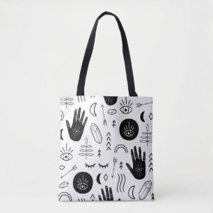 Magic hands, moon, ethnic pattern. tote bag