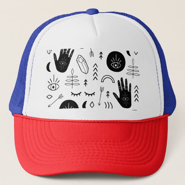 Magic hands, moon, ethnic pattern. trucker hat (Front)